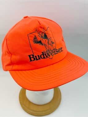 Vintage Snapback Hat Budweiser Supplex Nylon Hunting Blaze Orange Deer Gorpcore